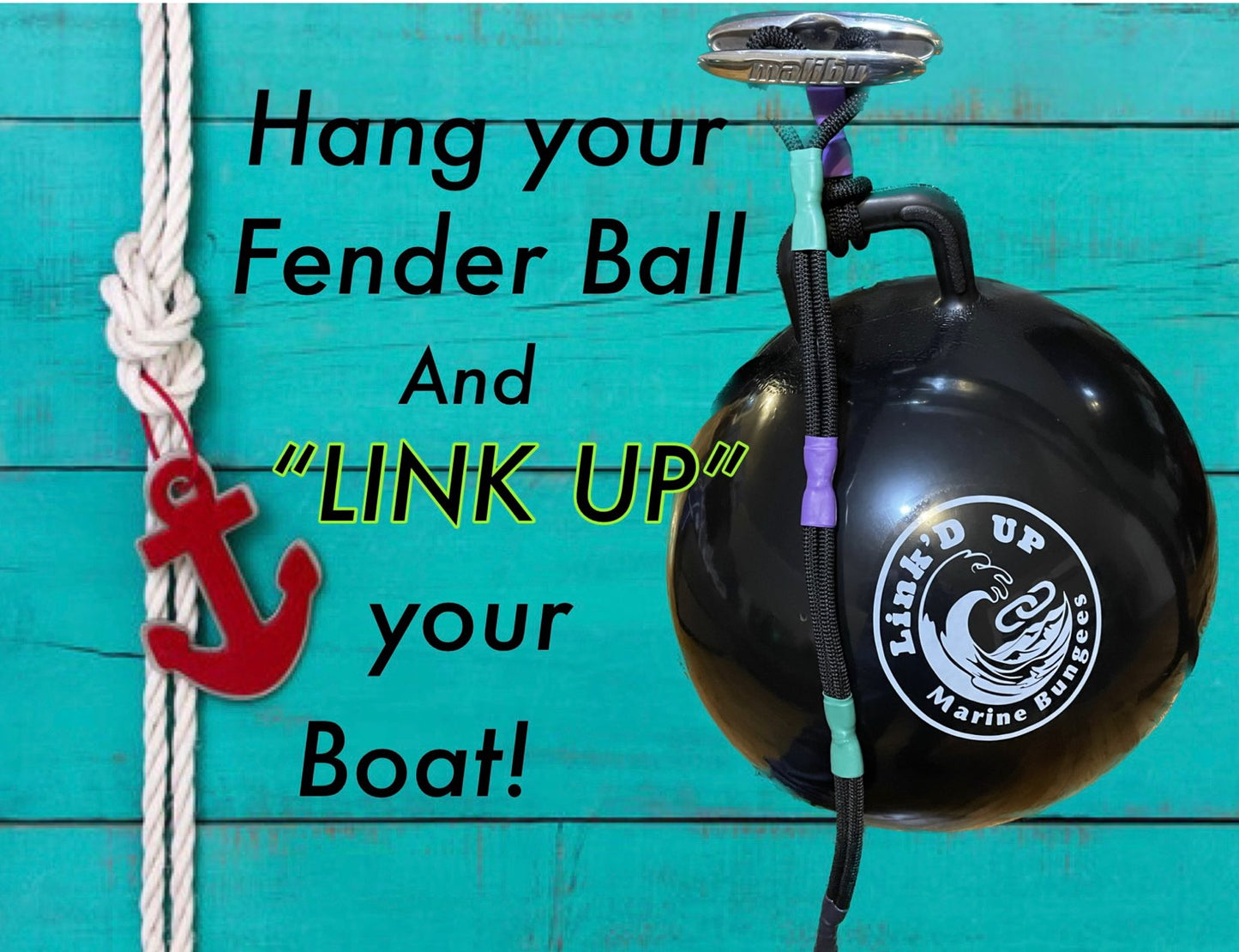 4 Black/Green XL Ball Fenders - 2 Fathom - 2 Boat to Boat Bungee Package