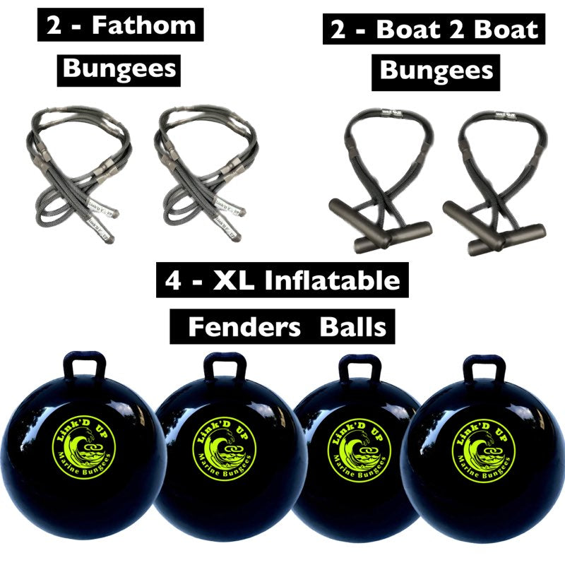 4 Black/Green XL Ball Fenders - 2 Fathom - 2 Boat to Boat Bungee Package