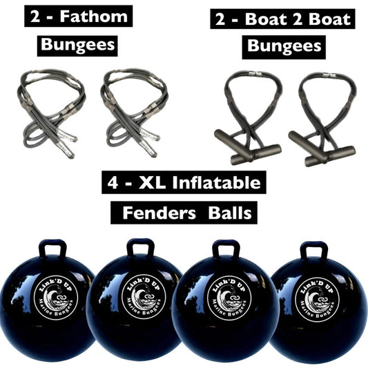 4 Black/White XL Ball Fenders - 2 Fathom - 2 Boat to Boat Bungee Package